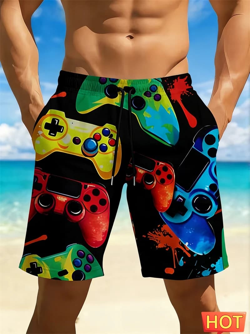 Fantastici pantaloncini da spiaggia con motivo graffiti per uomo, ad asciugatura rapida, ideali per l'uso quotidiano, per le giornate in spiaggia e per appassionati di videogiochi.