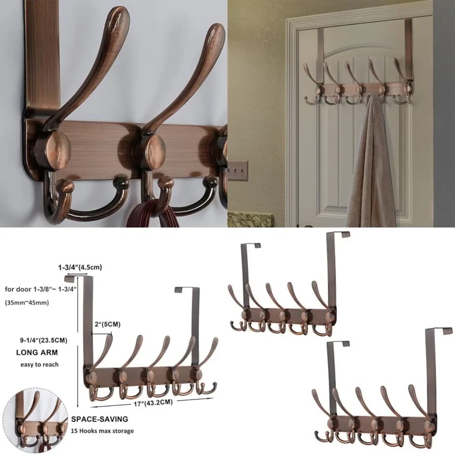 Appendiabiti da porta - Adatto per porte standard da 3/8" a 3/4" - 5 ganci a tripla piega - Porta asciugamani/cappotti resistente - Organizzatore da porta per vestiti