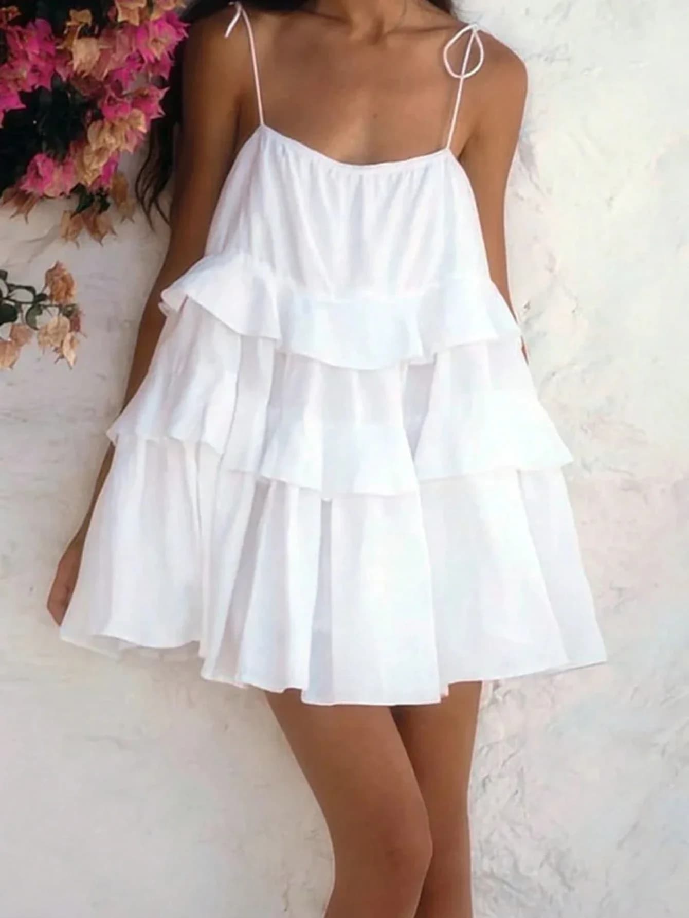 Solid Color Boho Casual Loose Layered Tiered Ruffle Mini Dress For Beach Party Spring Summer