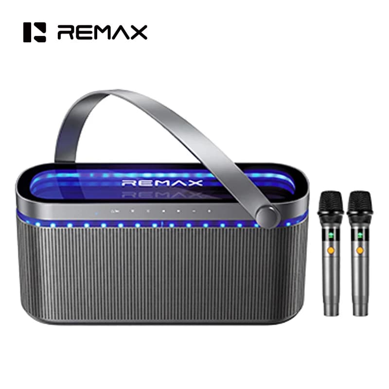 Remax Karaoke Machine with Two Wireless Microphones Powerful Portable Bluetooth Speaker with LED Lights Supports BT/AUX/USB