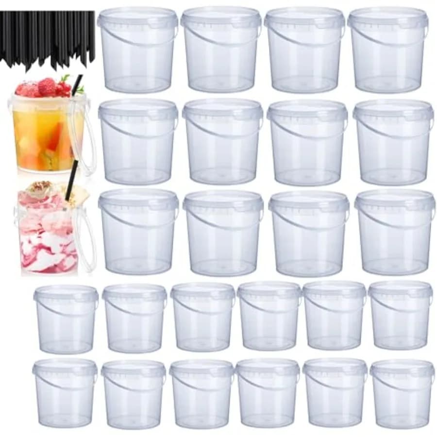 24 Pack Ice Cream Bucket with Lids and Handles, 25OZ/ 33OZ Clear Plastic Rum Bucket Cocktail Drinks Containers, Plastic Food St