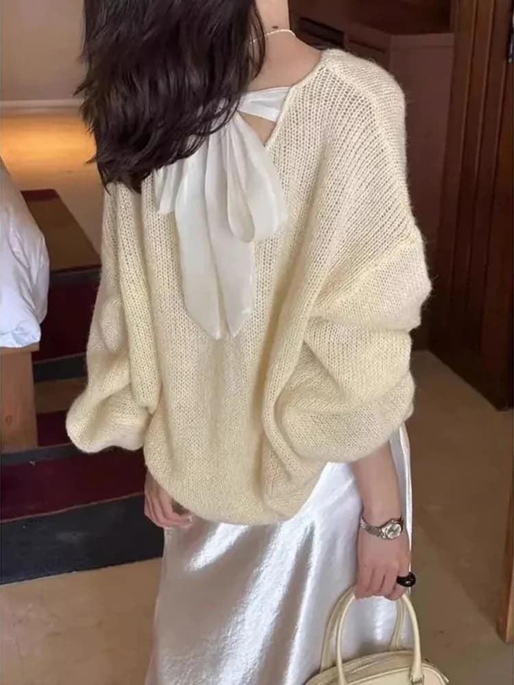 Coreano chic fasciatura posteriore scava fuori pullover lavorato a maglia donna primavera pigro allentato manica lunga maglione sottile moda dolce top