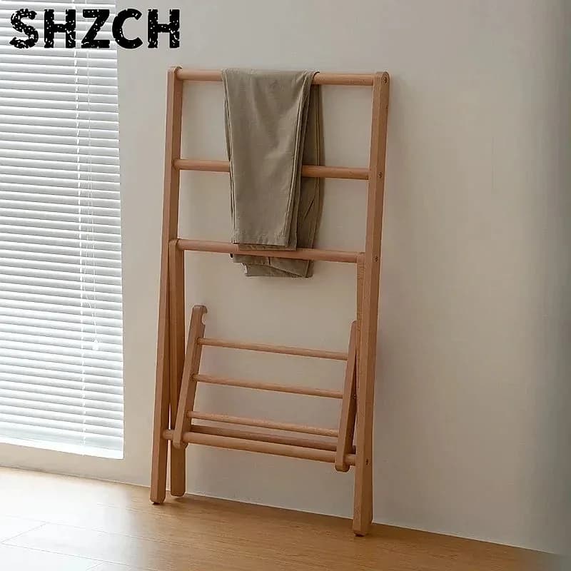 Japanese Style Solid Wood Clothes Hanger Folding Pants Rack Bedroom Storage Stand