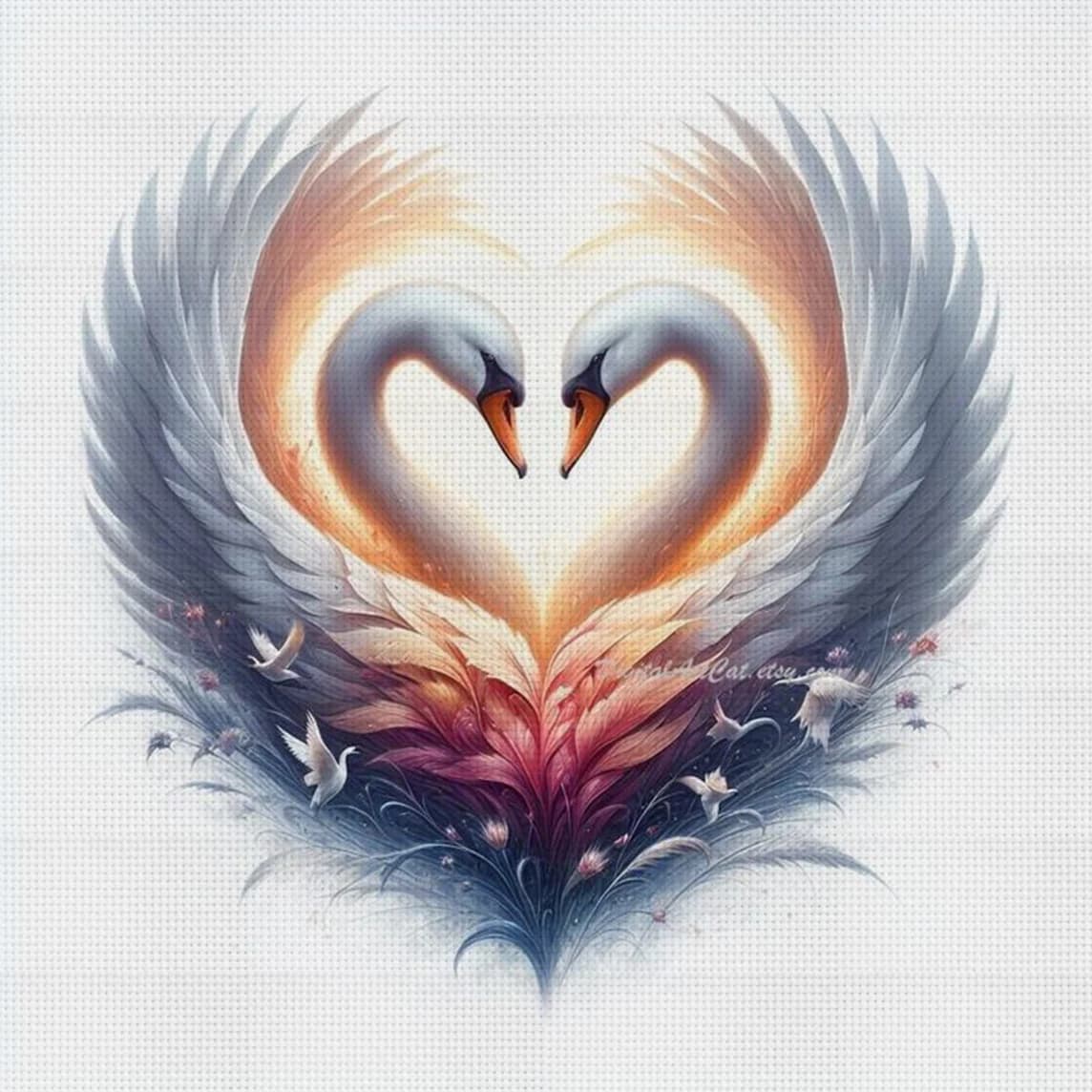 Kit Punto Croce Cigni a Cuore Fai da Te 11CT Ricamo Decorazione Murale Casa Regalo Materiale Artigianale Senza Cornice Semilavorato 36×36cm