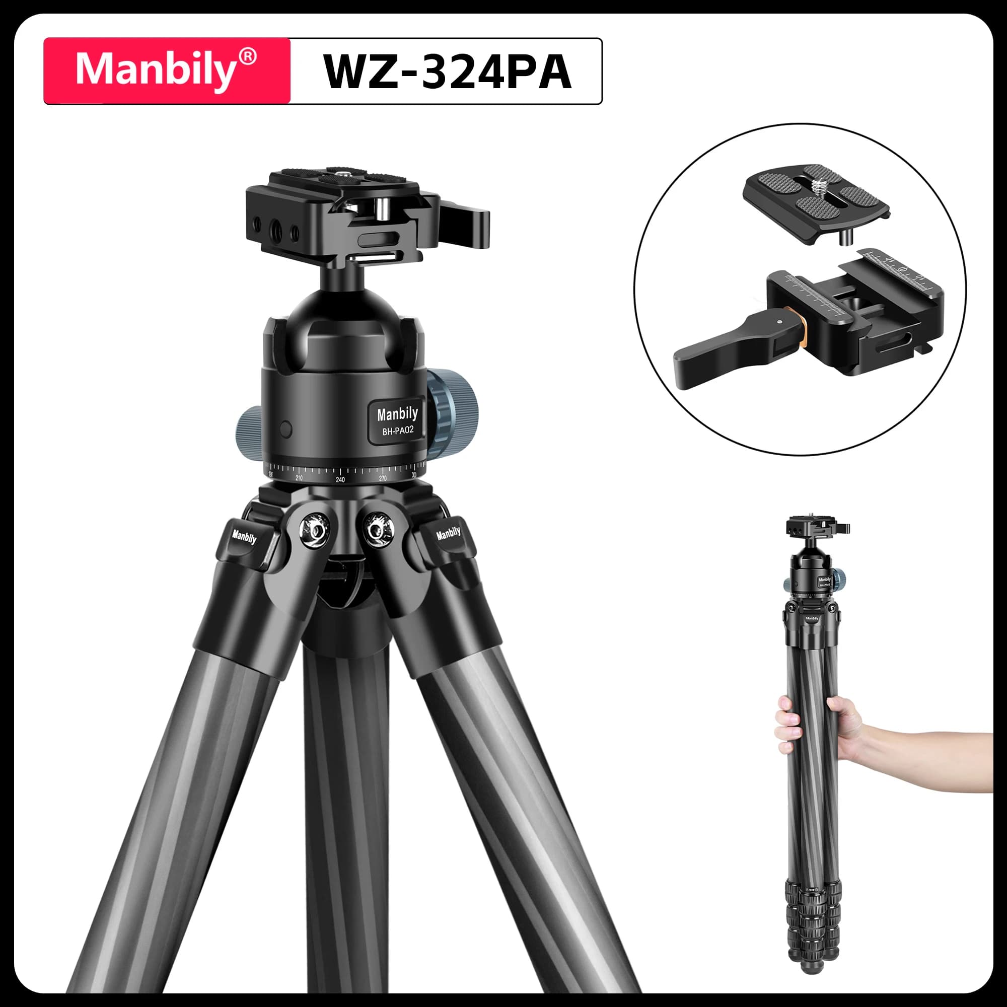 Treppiedi per fotocamera professionali Manbily da 62,2"/158 cm in fibra di carbonio con tubo a testa sferica da 44 mm Treppiede da caccia da 32 mm Carico massimo 44 libbre