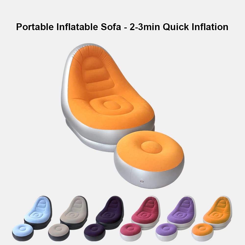 Set di divani gonfiabili portatili multicolor con poggiapiedi, impermeabili e comodi, per uso interno, esterno, giardino, feste e relax.
