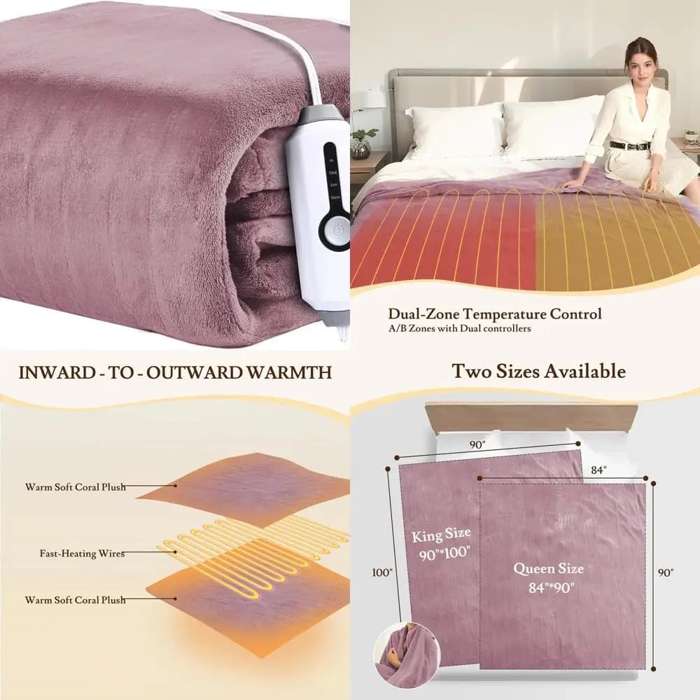 Coperta elettrica Queen Size 84x90, 4 livelli di calore, doppi controlli, timer 10 ore, morbido pile corallo, protezione dal surriscaldamento, rosa scuro