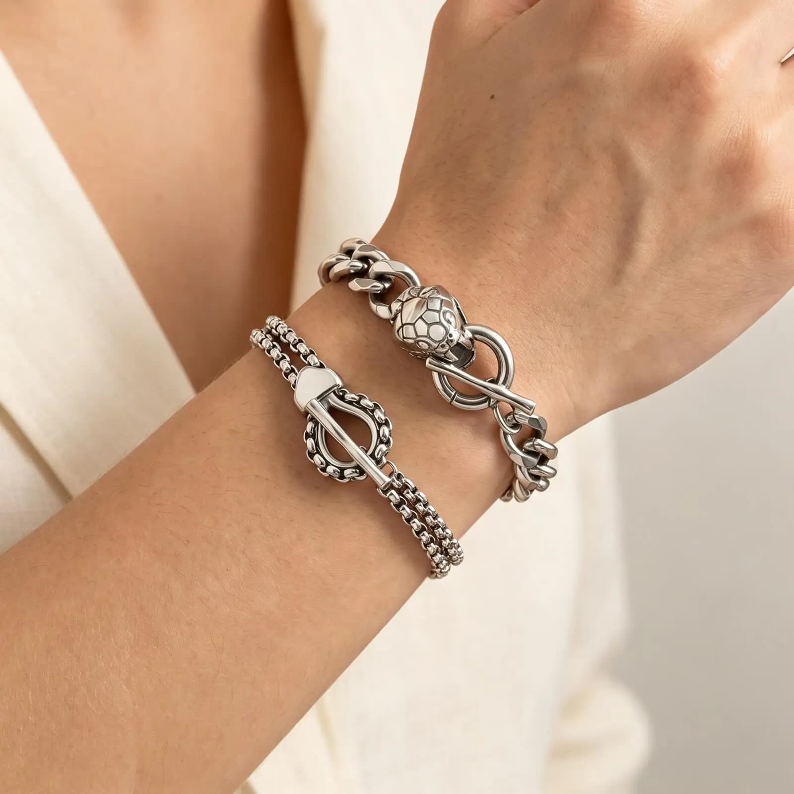 Bracciale a catena cubana punk per donna e uomo, in acciaio inossidabile color argento con chiusura a testa di serpente, gioiello hip hop da regalo.