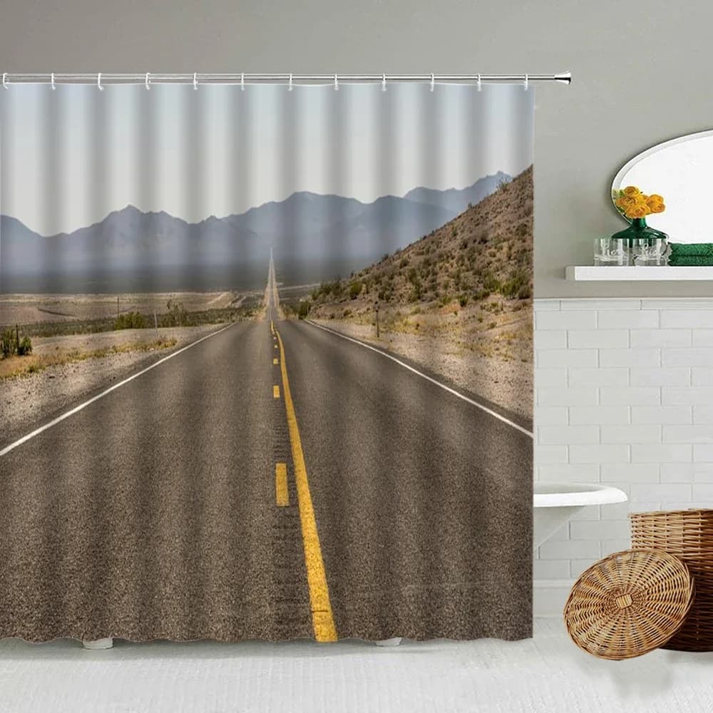 Tenda da doccia con paesaggio stradale, tende da bagno con paesaggio di strade lunghe, decorazione per la casa, schermo impermeabile per vasca da bagno con ganci