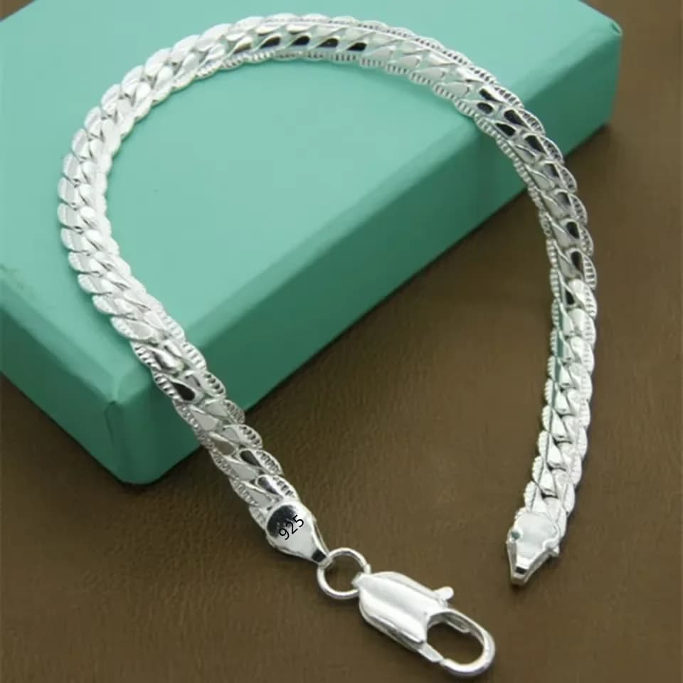 Bracciale in argento sterling 925 6mm20cm Catena laterale piatta Chiusura a moschettone per donna Uomo Gioielli di fidanzamento di nozze