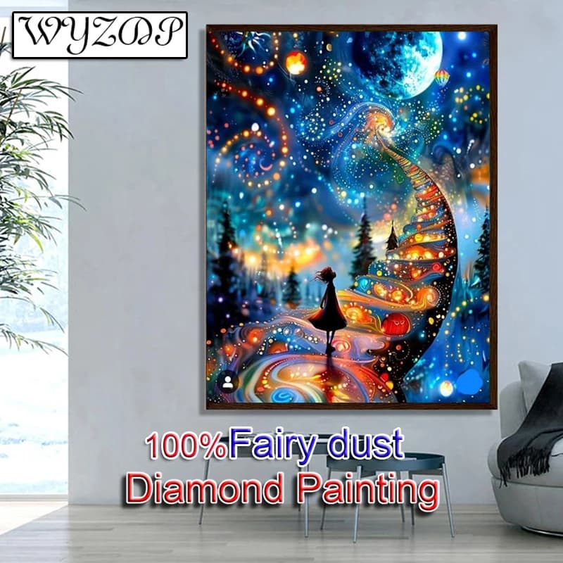 WYZDP 100% Fairy Dust Diamond Painting Kits Ladder Square Diamond Embroidery Landscape Crystal Diamond Art Full Fairy Dust Decor