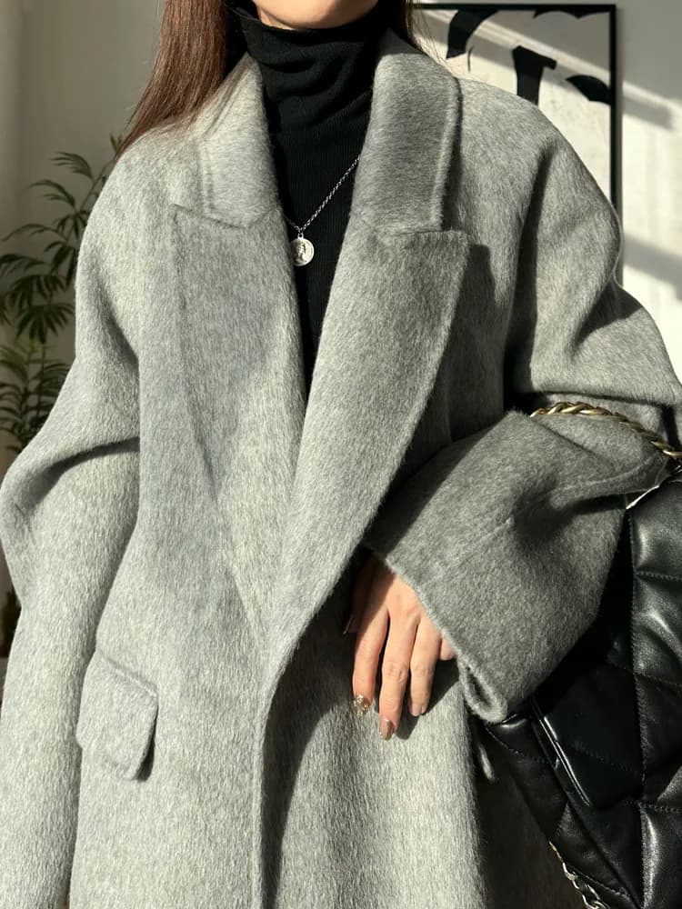 High-end New Long Fur Thick Double-sided Wool Cashmere Coat Long Autumn Winter Lapel Lace-up Woolen Coats Women Trench Overcoat