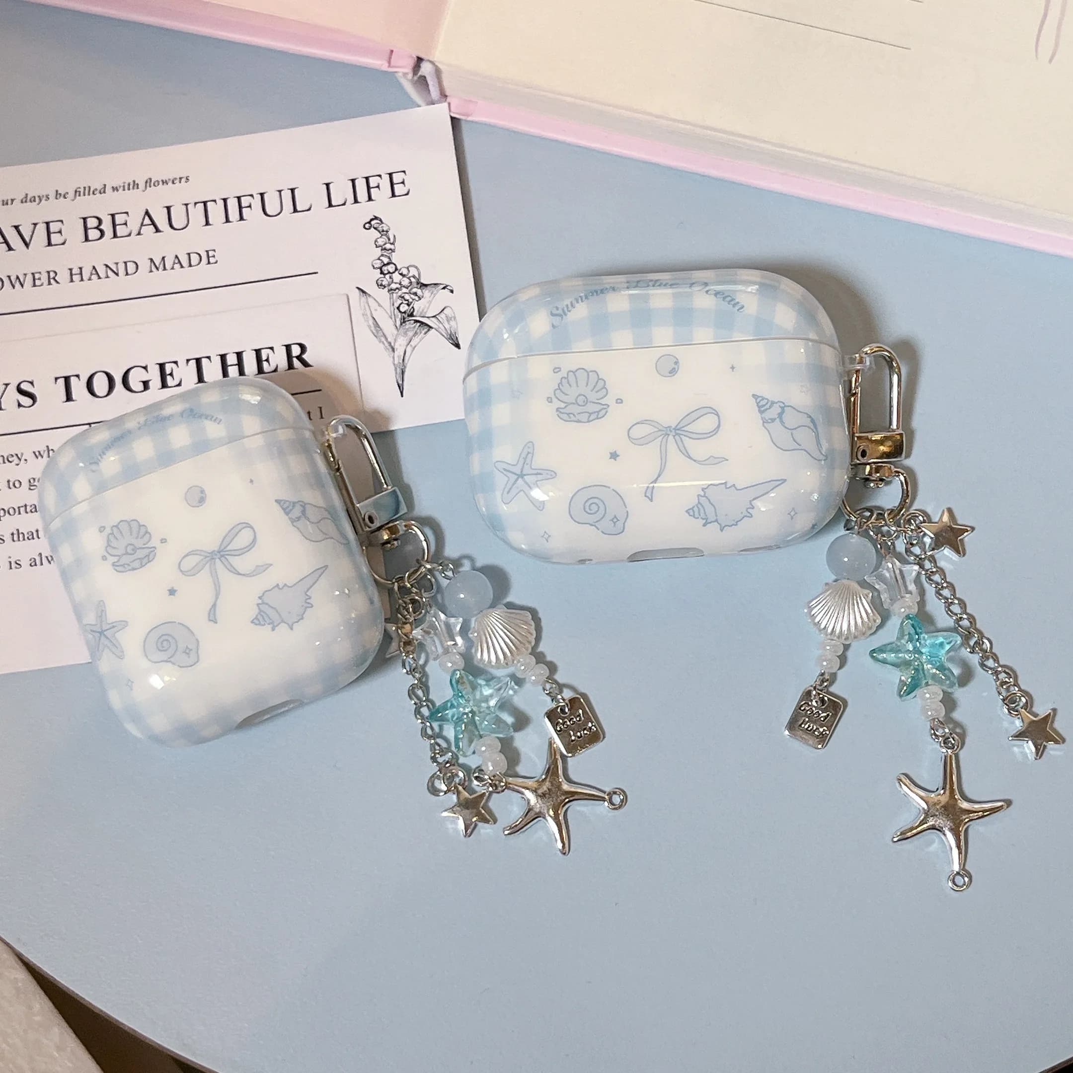 Simple Fashion Bow Shell Sea Star Check Pattern Blue Earphone Case Cover Case For AirPods 1 2 3 4 Pro Pro2 Pro3 with Pendant