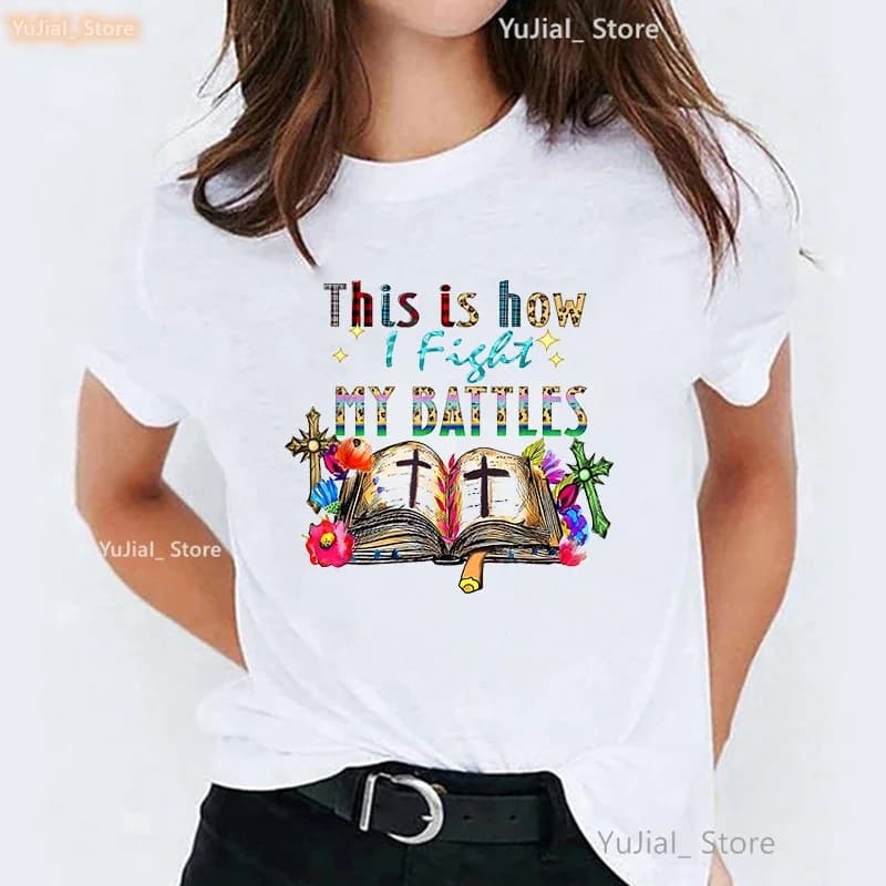 This Is How I Fight My Battles Graphic Print Tshirt Girls Jesus Christianity T Shirt Women Leopard Casual T-Shirt Femme