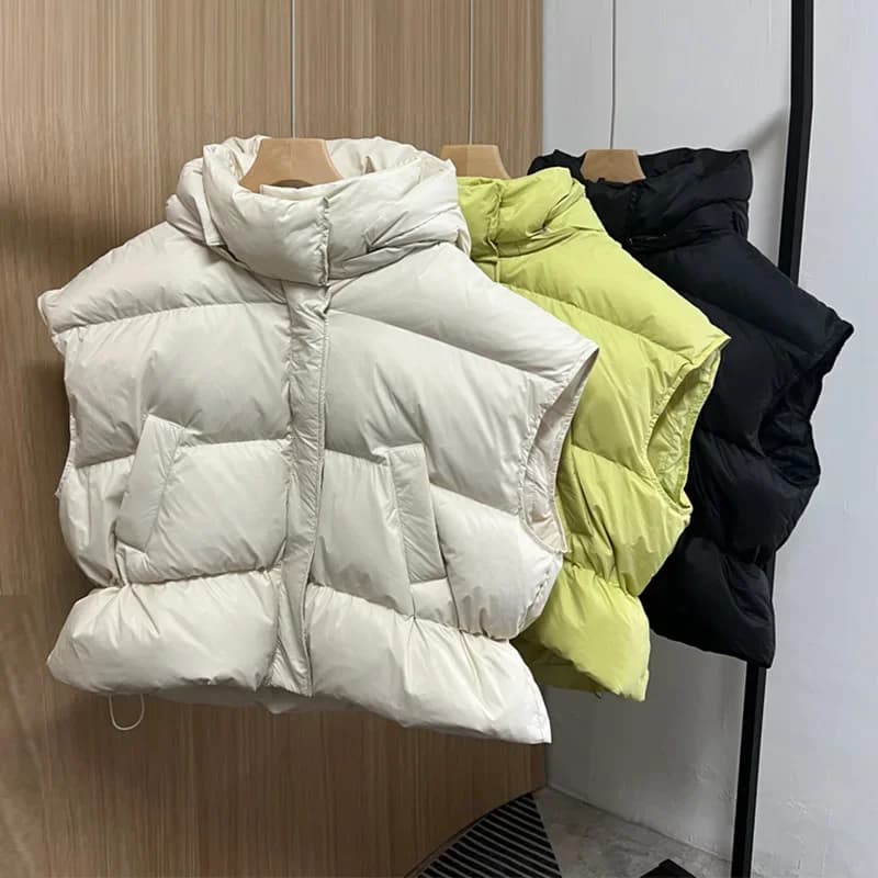 Piumino Autunno Cappello staccabile allentato Piumino con cappuccio Donna Sash Tie Up Casual Caldo piumino d'anatra spesso Gilet corto
