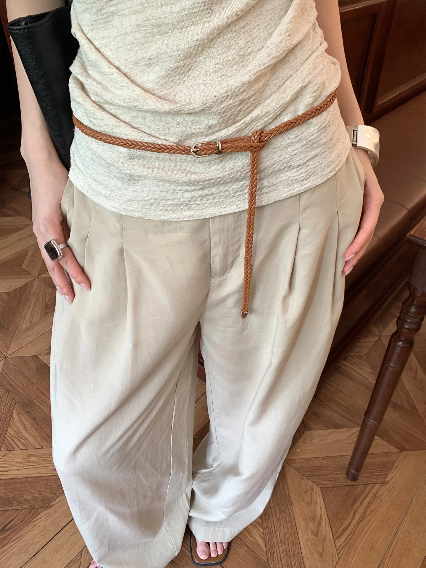 Vintage Old Money Style Hand-Woven No-Punch Thin Waist Belt For Women High-End Metal Buckle Leather Belt With Jeans Belt