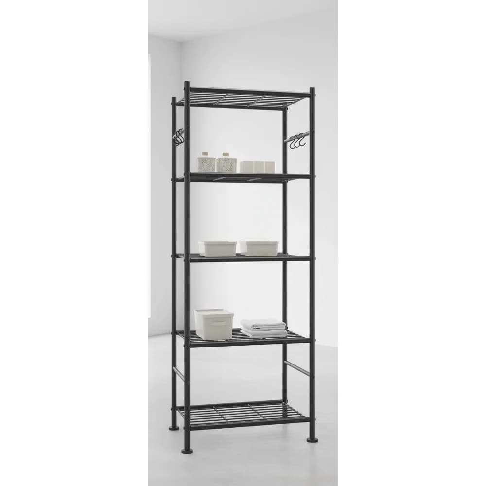 Scaffale portaoggetti resistente a 5 livelli con ganci, organizer da garage senza oscillazione per casa e ufficio, 18,1x12,4x56,8 pollici, nero