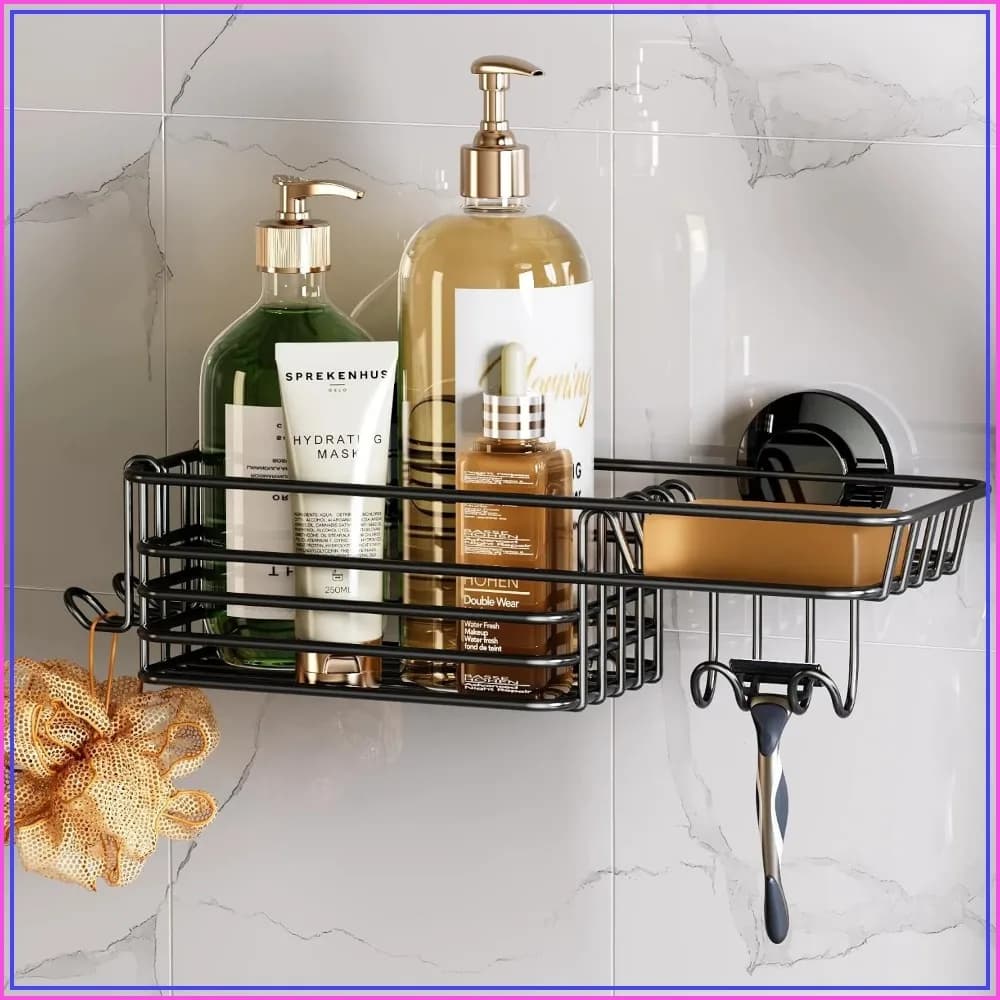 Heavy Duty Suction Cup Shower Caddy, Rustproof Stainless Steel, No Drilling, Large Capacity Storage Basket with Hooks
