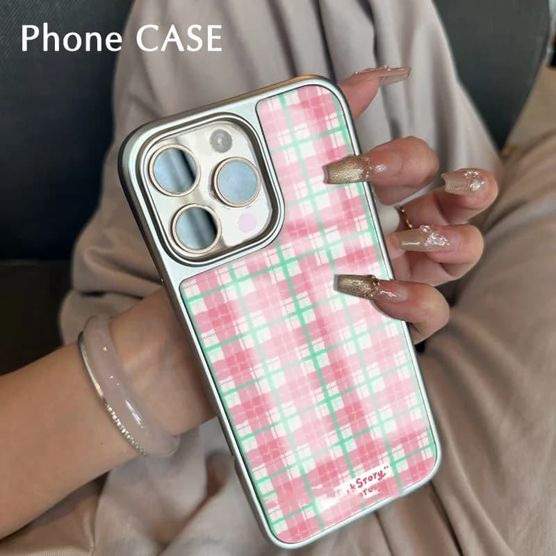 Coreano INS piccola griglia a strisce fresche Silver Edge Custodia per telefono antigoccia epossidica per iPhone XR/11/12/13/14/15/16/17 Pro Max Back Case