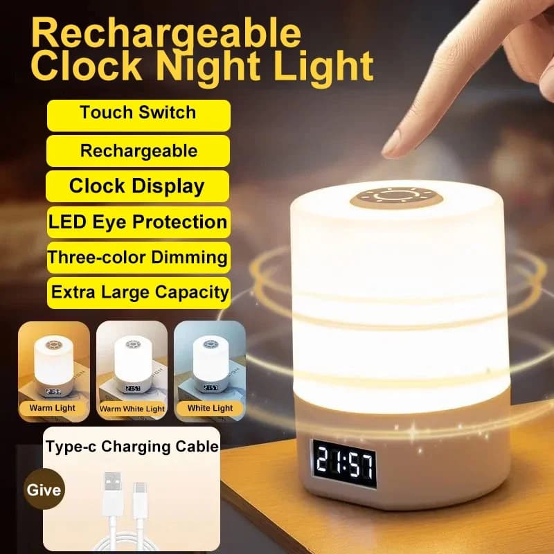 Lampada da Scrivania LED con Controllo Touch, Luce Notturna Ricaricabile USB, Luce Bianca Calda, Dimmerabile, con Orologio, per Camere da Letto e Soggiorno