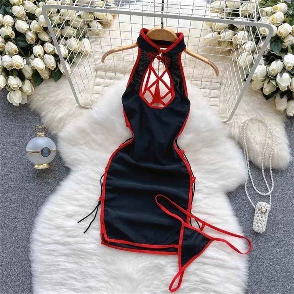 Chinese Slim Cheongsam Sexy Sleeveless Sensual Hollow Out Tassel Backless Printed Mini Dress Hotsweet Nightwear Elegant Pajamas