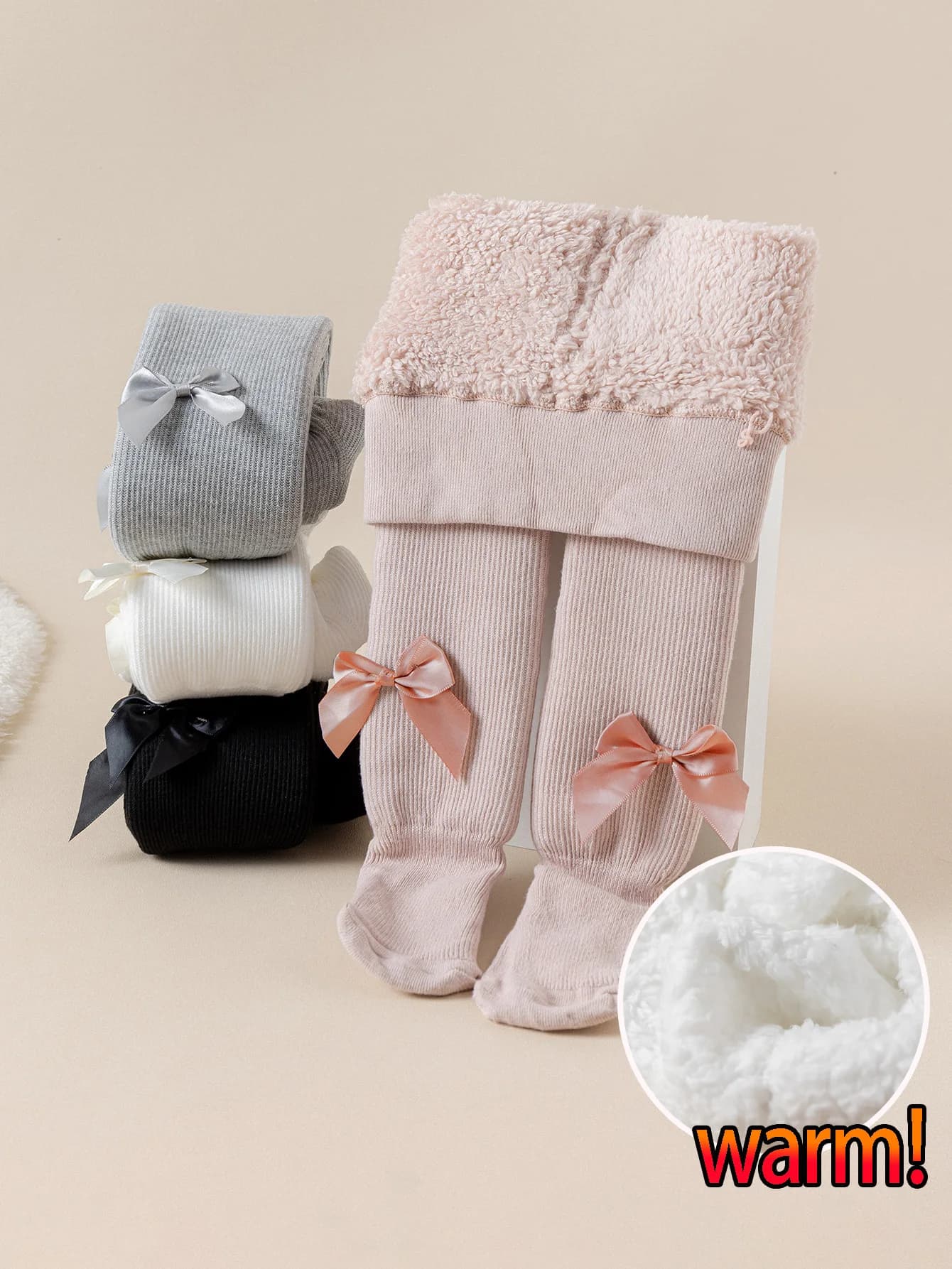 1 pair of leggings for children with silk satin bows, thick and warm tights for winter, for girls from 6 to 36 months