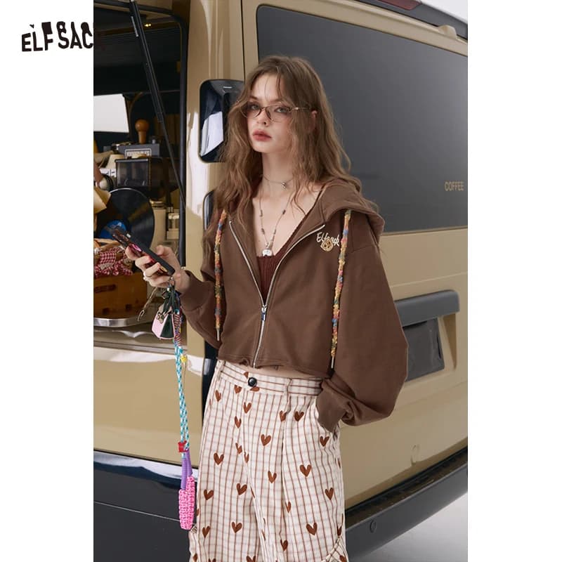 ELFSACK 2025 Cardigan con cappuccio ricamato casual nuovo arrivo autunno Petite cappotto corto oversize per donna