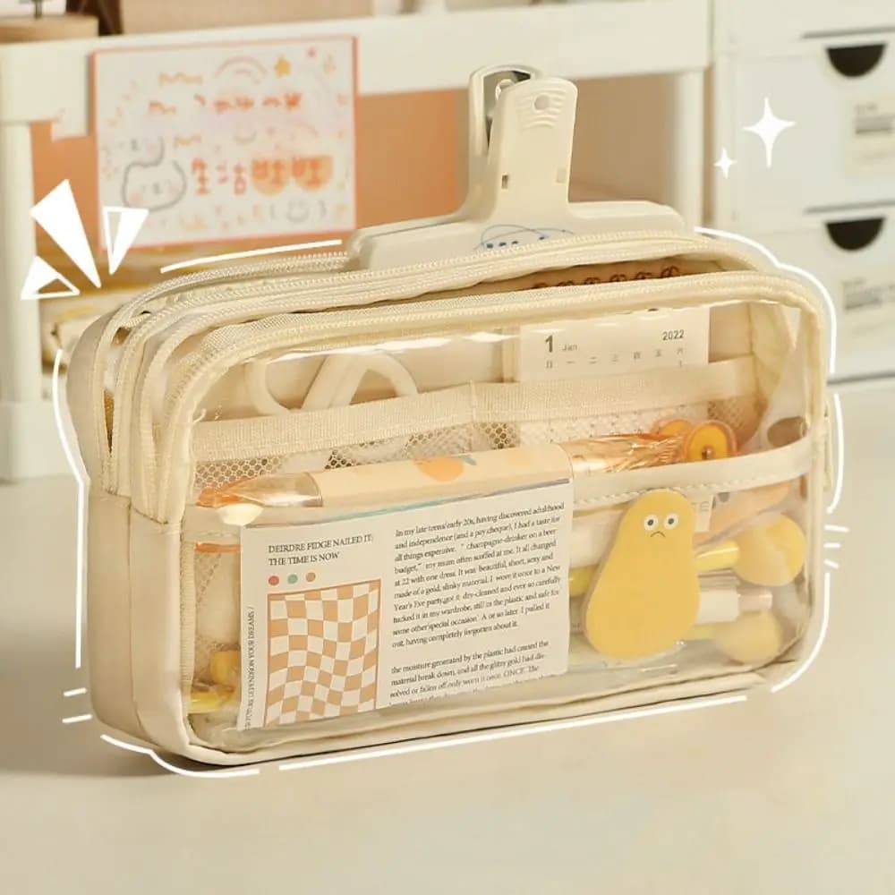 Astuccio per penne in pelle PU + PVC di alta qualità Astuccio per matite di grande capacità a cinque strati Astuccio portatile trasparente per ufficio scolastico