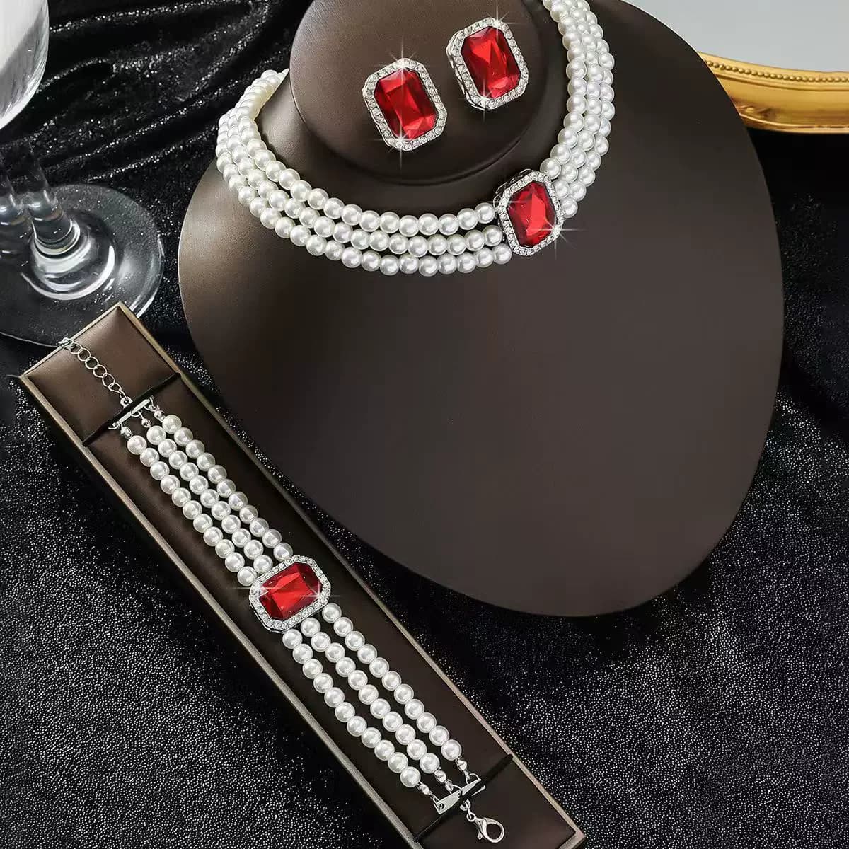 Set di gioielli con perle bianche per le donne, cristalli da sposa, collana, bracciale, orecchini, set di gioielli per la festa nuziale