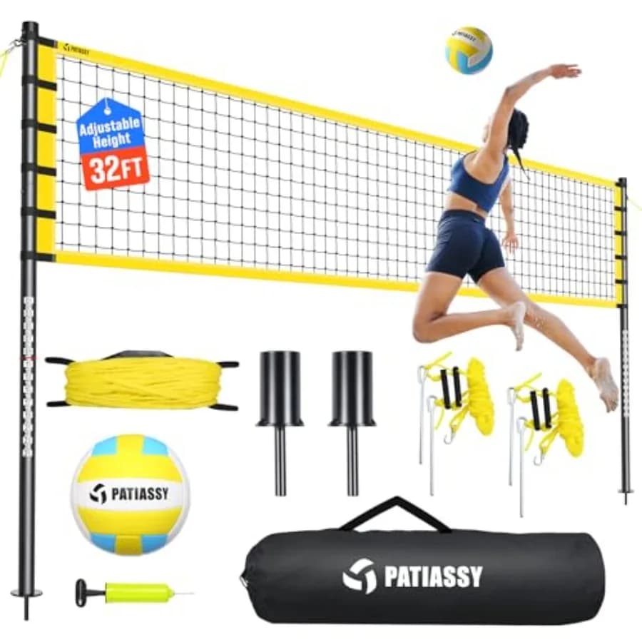 Portable Volleyball Network Set for Courtyard, Beach and Outside - Regulatory Size High Adjustable Poly Volleyball with Carr Pump