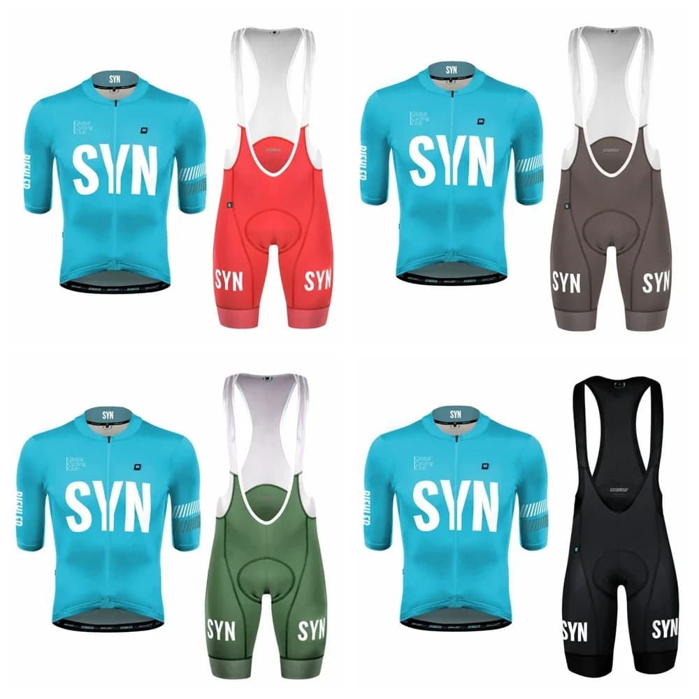 Sky blue 2025 SYN Women's sportswear summer men's breathable short sleeve cycling jersey and shorts with straps