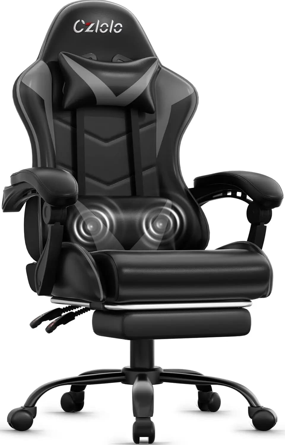 gray gaming chair racing style lumbar support massager high back reclining 360 swivel computer desk chair footrest metal legs