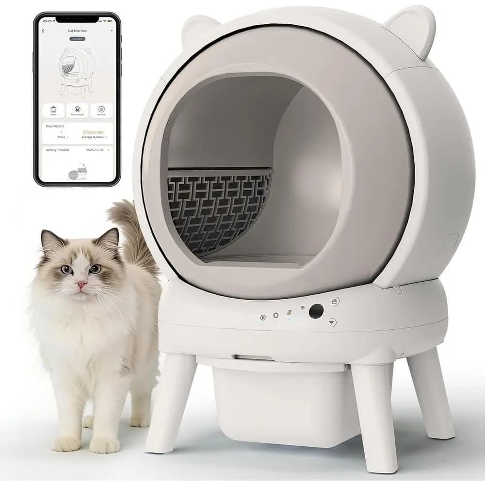 Lettiera Intelligente per Gatti Bianco Avorio: Pulizia Automatica, Doppia Sicurezza, Controllo Odori, Funzionamento Silenzioso, Design con Orecchie di Gatto