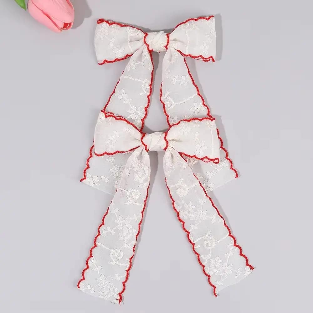 Lace-trimmed Bow Hair Clips Long Tail Handmade Floral Embroidery Lace Hair Clip Versatile Simple Girl's Bow Hair Accessory