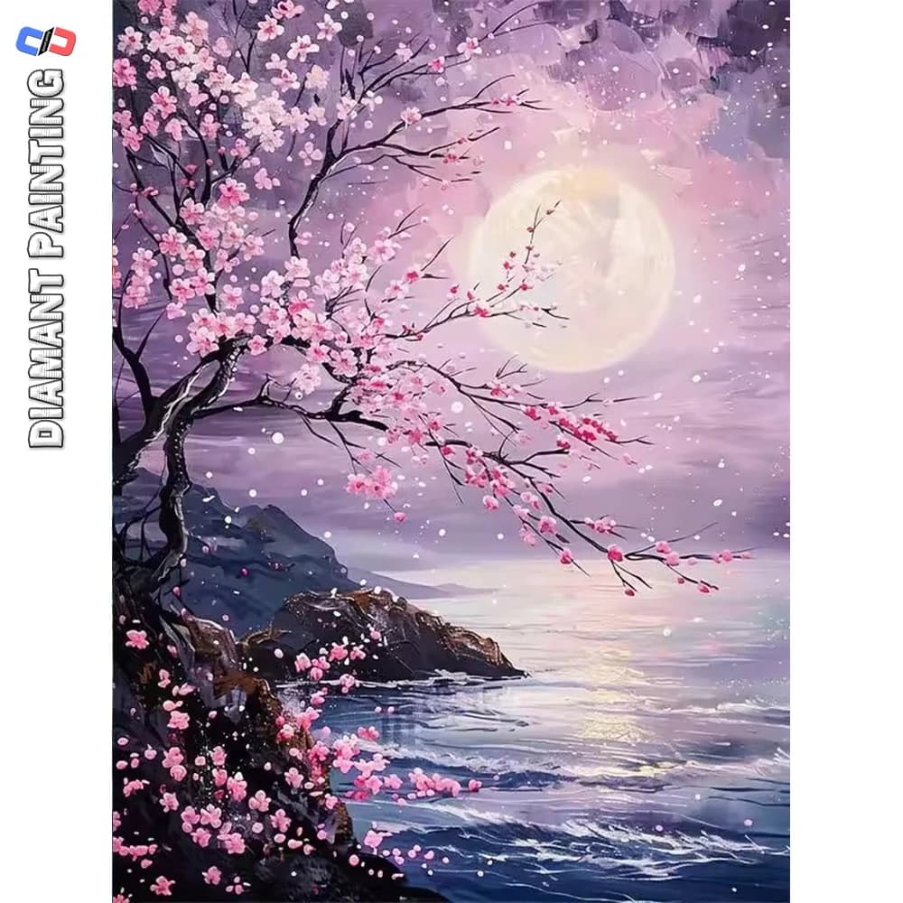 Nabi 5D Peach Blossom Diamond Painting Kits Tree Moon Landscape Full Round / Square Diamond Mosaic Home Bedroom Wall Artwork