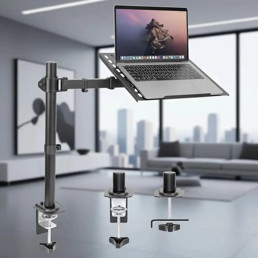 Supporto Ergonomico Completamente Regolabile per Laptop con Gestione Cavi, Vassoio Ventilato, Base a Morsetto e Passacavo, Adatto a Laptop fino a 17 Pollici, Nero
