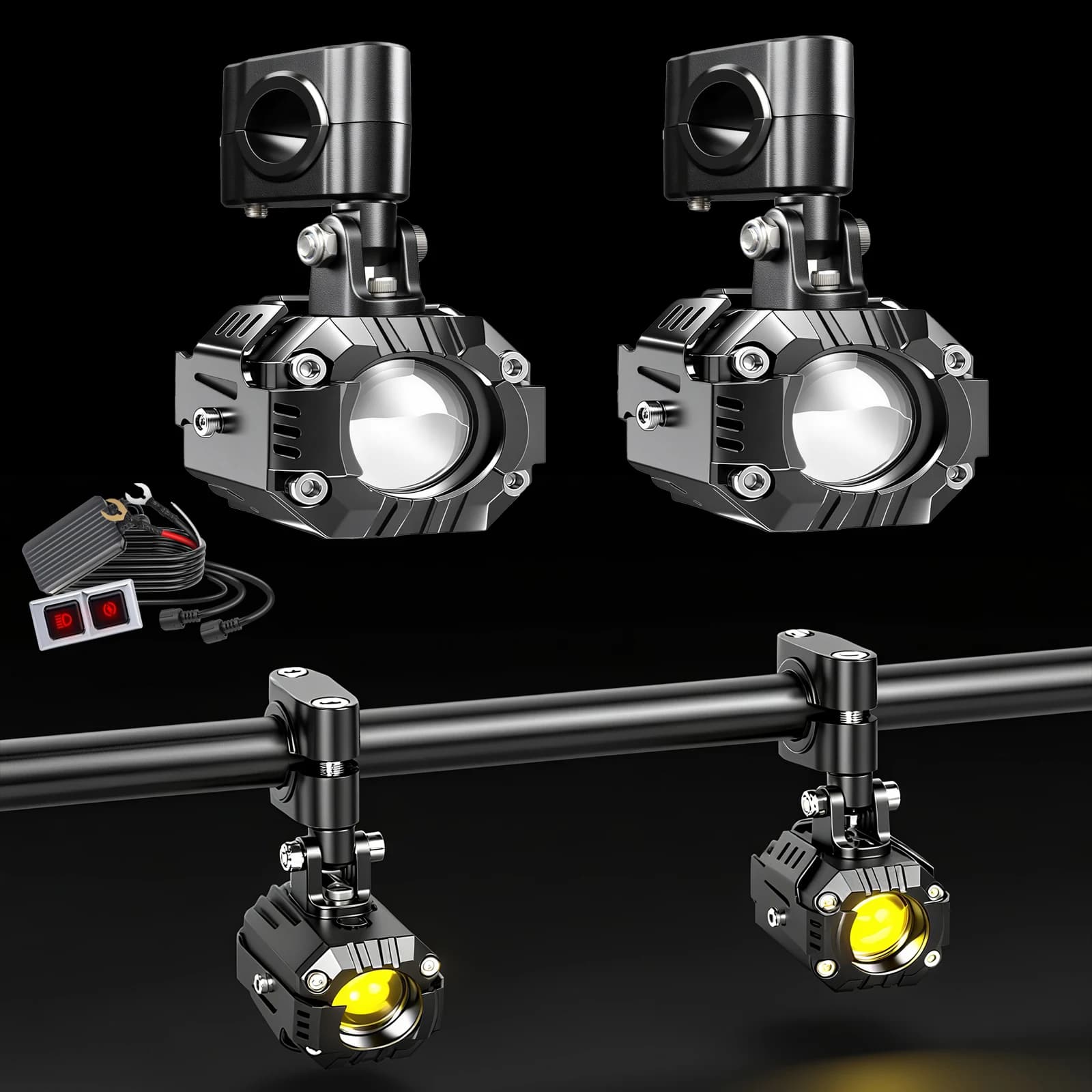 BraveWAY [Strobo] Auxiliary driving light for white + yellow motorcycle, LED fendinebbia kit for motorcycle for tourism bike ADV Adventure