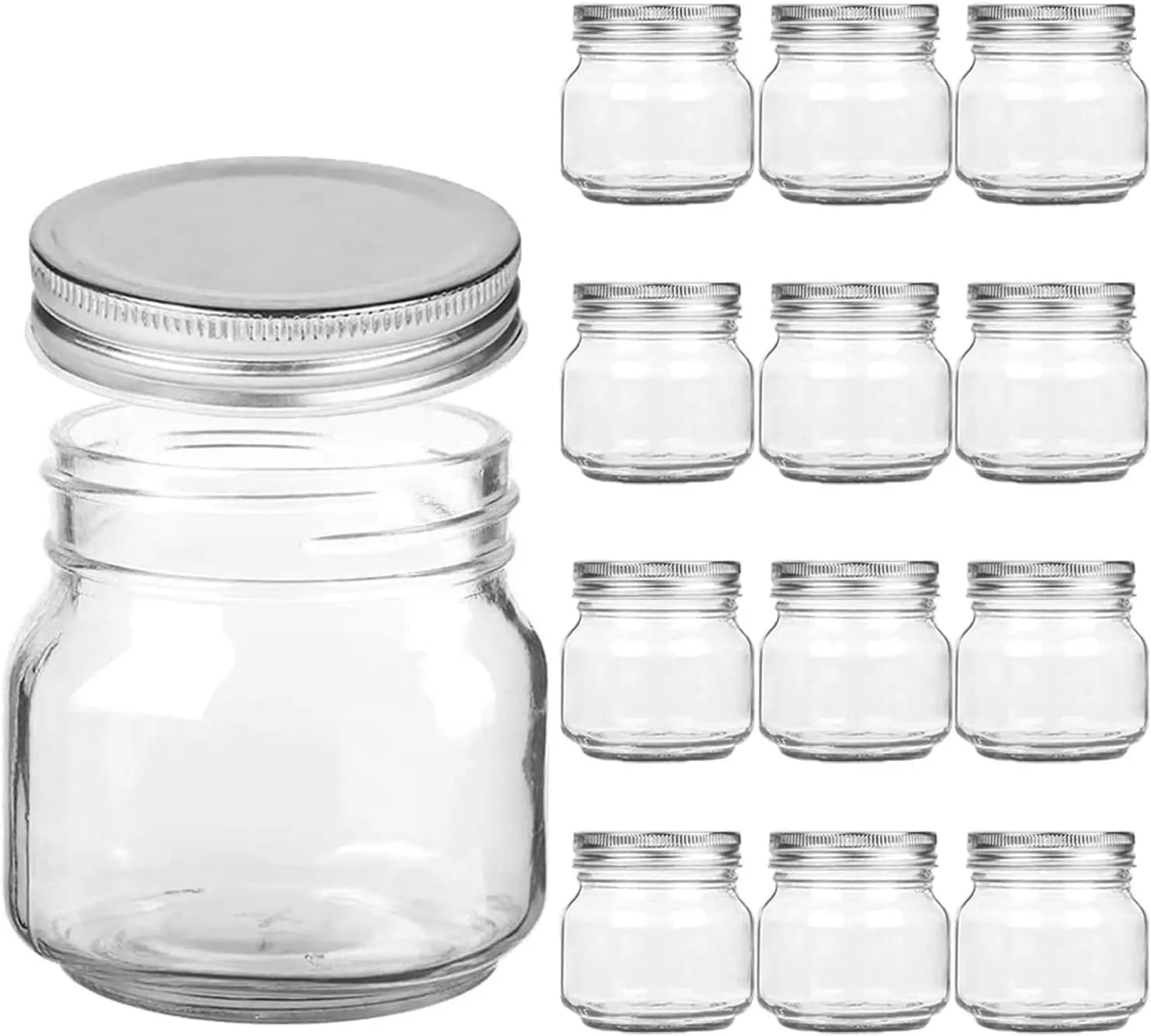 Barattoli in Vetro Trasparente da 8 Oz con Coperchi in Metallo Argentato per Sigillare, Contenitori per Overnight Oats con Coperchi per Conservazione Alimenti