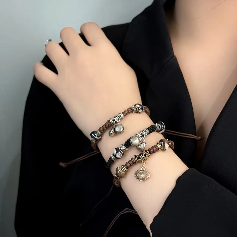 Tibetan Silver Retro Small Bell Safety Lock Pendant Weave Bracelet Literary and artistic style Bracelets For Women