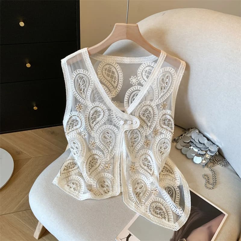 Canottiera estiva con fiore all'uncinetto Camicia da donna Moda irregolare con perforazione a caldo Camicetta a rete Canotte senza maniche