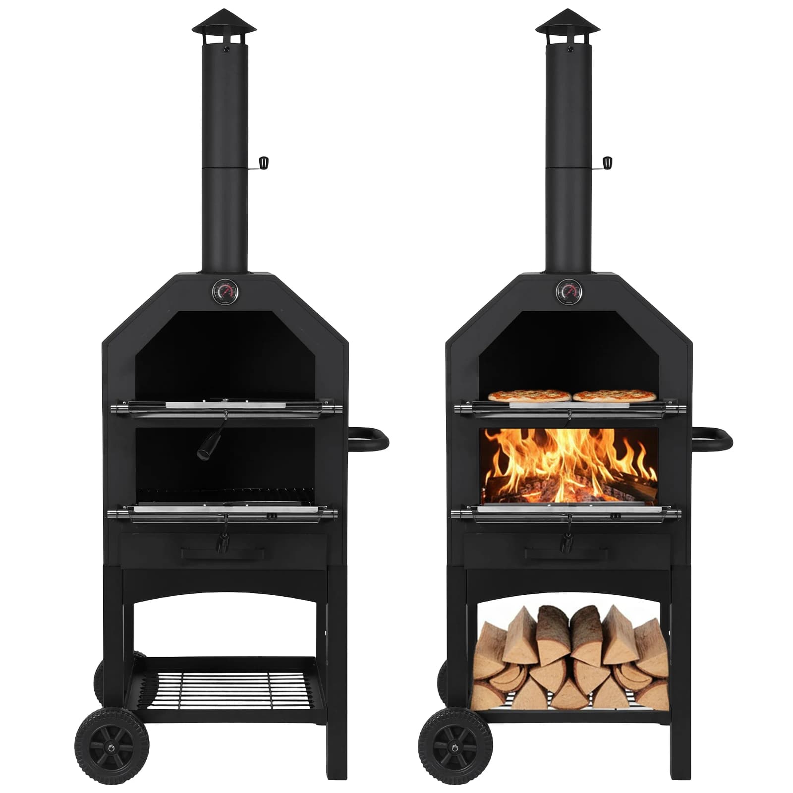 Forno per Pizza a Carbone a 2 Livelli, Autoportante, con Pietra e Paletta, Grande Griglia Portatile da Esterno per Giardino, Campeggio e Tailgating