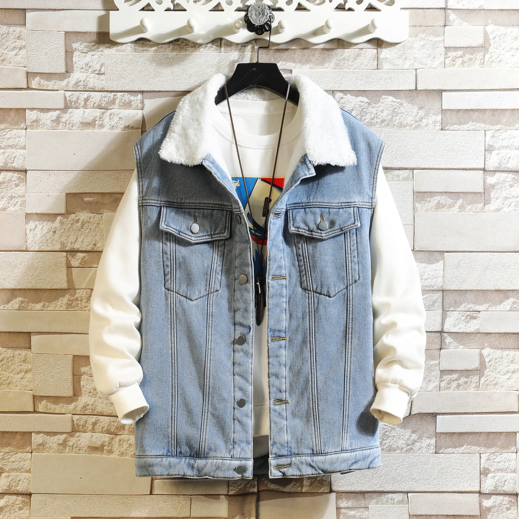 Winter Cargo Denim Vests Men Warm Fleece Fashion Sleeveless Jean Jackets Male Solid Turn Down Collar Waistcoat Plus Size M-5XL