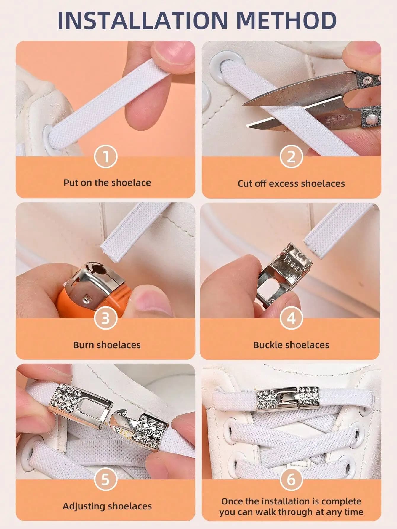 Lacci elastici senza lacciatura con fibbia con strass per sneakers bianche
