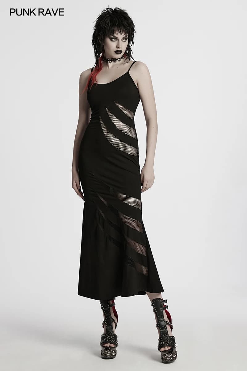 PUNK RAVE Abito da donna punk in maglia elastica in maglia asimmetrica con segmentazione dei denti affilati Abiti scuri da club scavati sexy