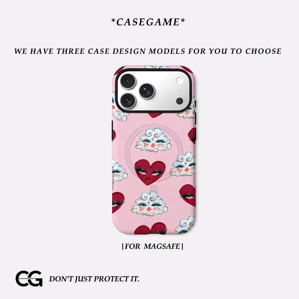 Casegame Cover Opaca Antiurto per iPhone 17 16 15 14 Plus 13 Pro Max con Bumper per MagSafe, in PC Rigido, Design Cuore Rosa e Nuvole
