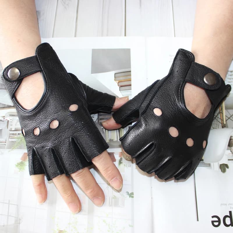 Men's Summer New Half-Finger Gloves Deerskin Thin Unlined Hollow Breathable Leather Outdoor Sports Cycling Driving Gloves