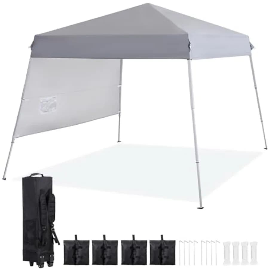 Outdoor canopy tent for beach and sun protection, silver grey polyester fabric, instant pop-up setup with straight legs, includ