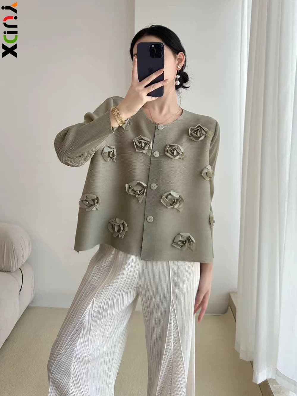 YUDX Pleated Women's Top Round Neck Nine Sleeve Solid Color Design Jacket Fashion Embroidery 2024 Autumn New
