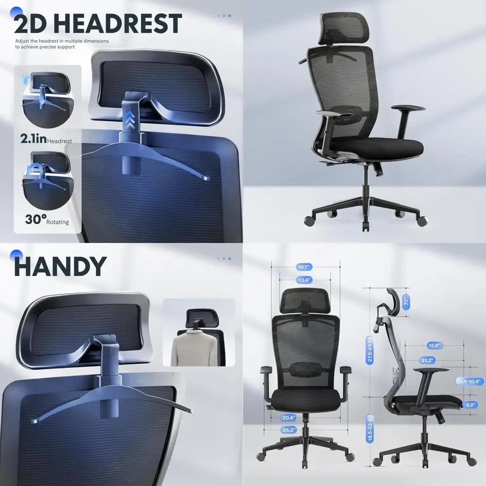 Sedia Girevole Ergonomica con Schienale Alto in Rete, Supporto Lombare Regolabile, Braccioli 2D, Schienale Bloccabile, Cuscino Imbottito, Nera