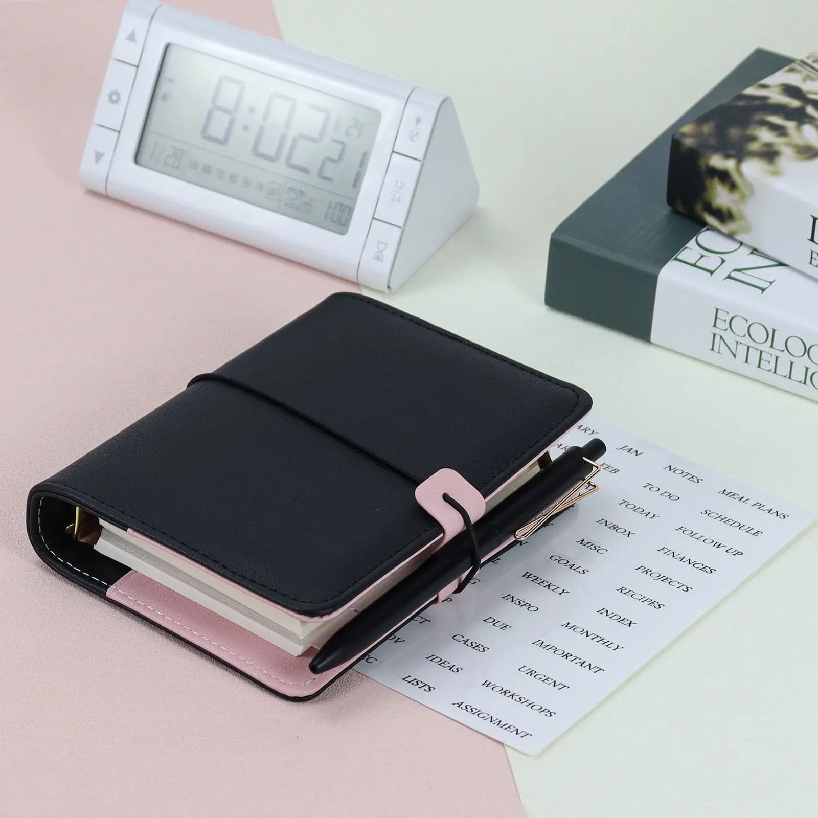 Quaderno a Fogli Mobili A7 Nero e Rosa, Copertina Interna per Agenda, Diario, Planner, Forniture per Ufficio